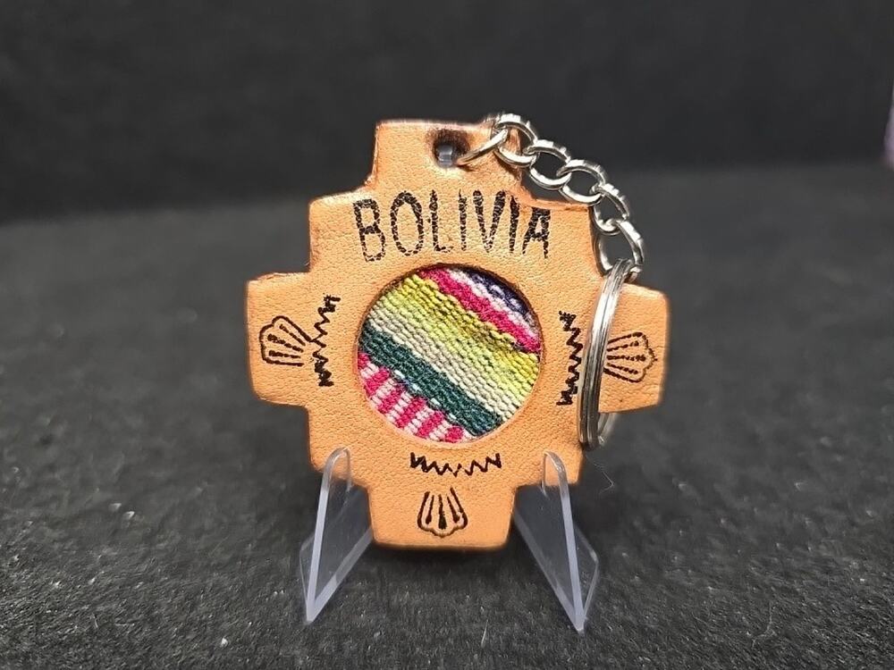 Vintage Bolivia Souvenir Keychain Leather and Fabric Dancers